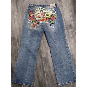 ED HARDY Multi Tattoo Low‎ Waist Baggy Jeans Women's Size 30 Painted Logo Koi